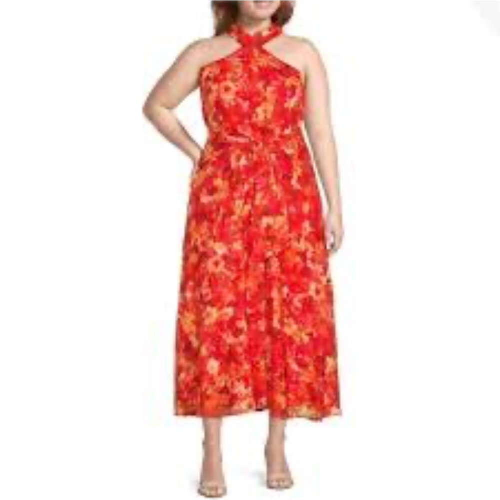 Alex Marie Plus Size Dalton Orange/Pink Floral Halter Neck Tiered Dress 24W NWT